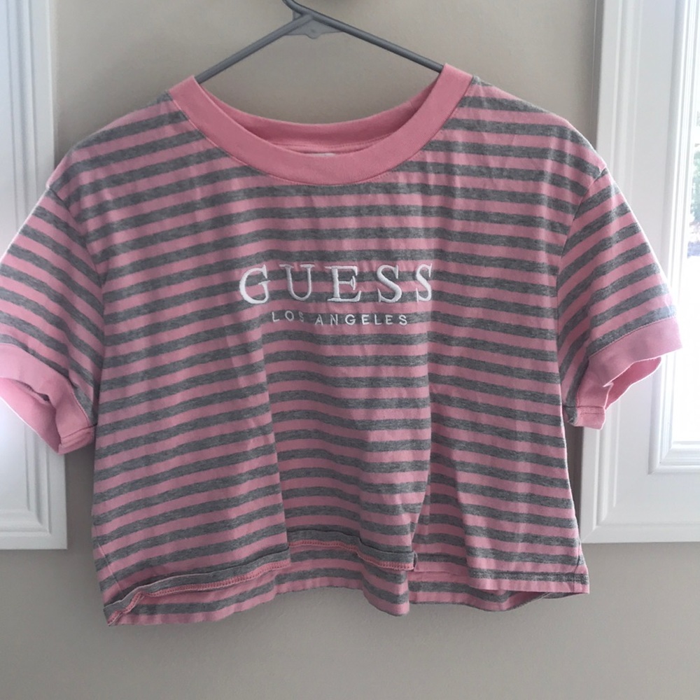 Guess pink and grey striped cropped tee